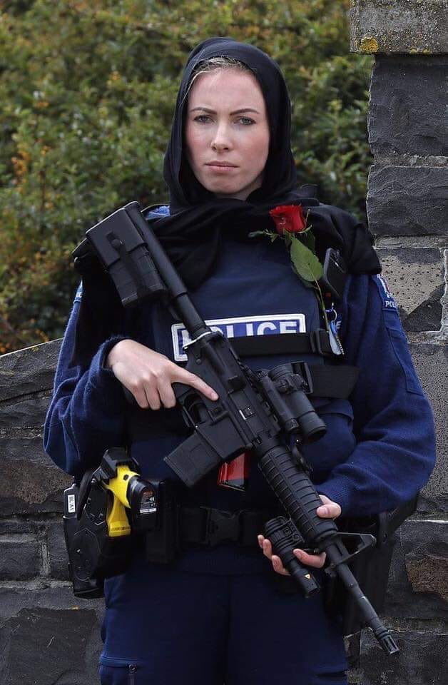 @WorldHijabDay Twitter A female New Zealand police officer wearing the hijab to support the cause.