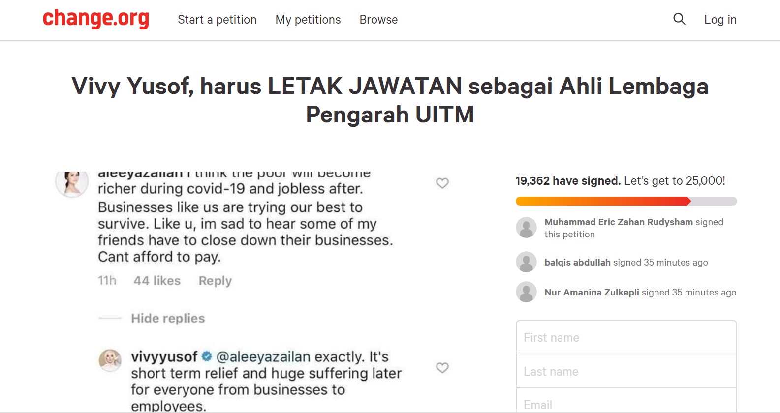 The now-deleted infamous petition.