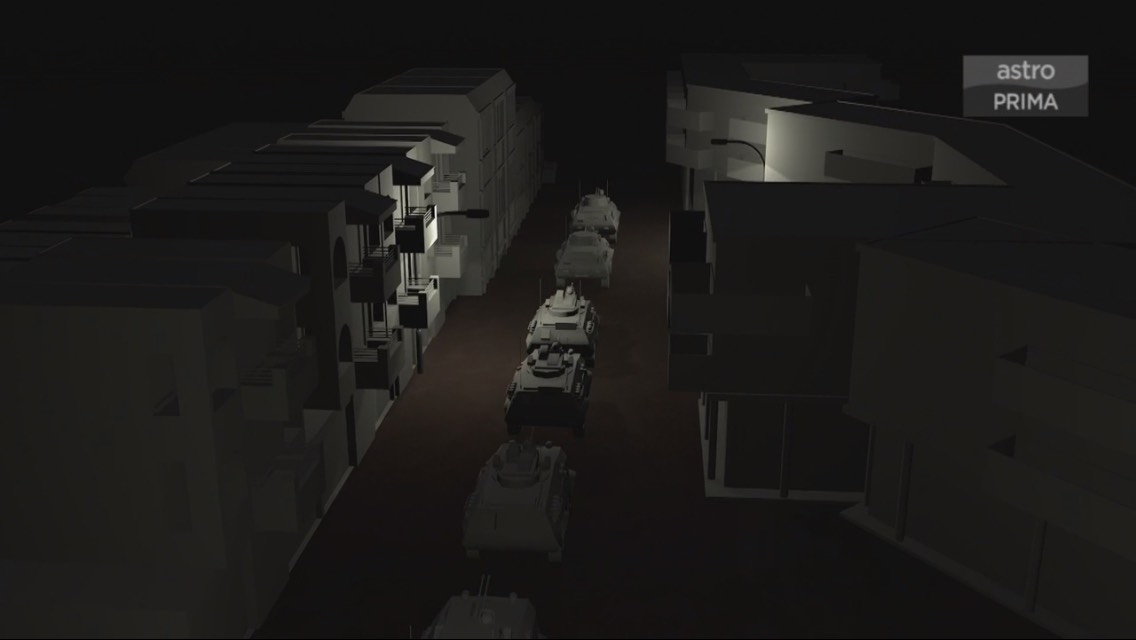 Still from '#theblackhawndown Wira Keamanan' Troops had to navigate really narrow streets to reach the helicopters