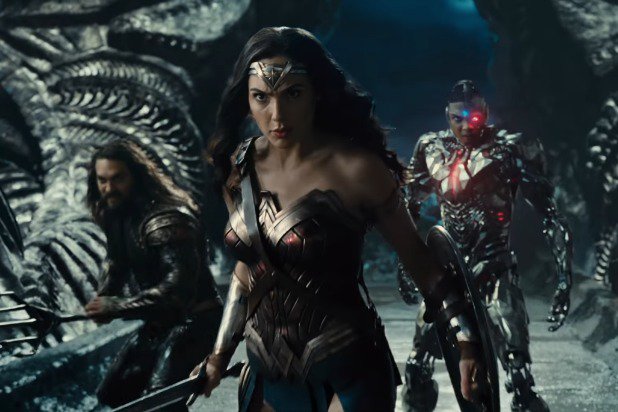 DC/Warner Bros. Wonder Woman flanked by Aquaman and Cyborg.